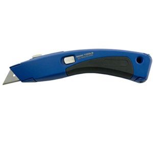heavy-duty retractable utility knife, 7 3/4" long, durable zinc-alloy body, automatic blade loading, 2 spare blades included