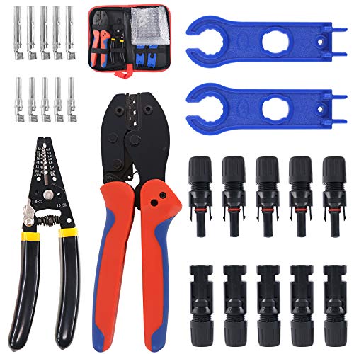 Keadic Solar Crimping Tools, Wire Stripper, 5 Pairs of Male/Female Solar Panel Cable Connectors, 2pcs Solar Connector Spanner Tool Kit for 2.5/4.0/6.0mm² MC3 MC4 Solar Panel PV Cable