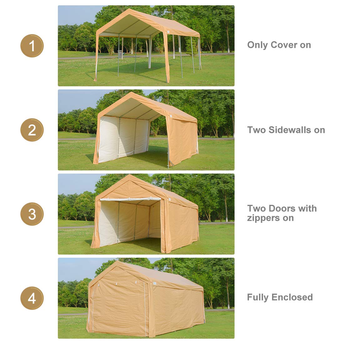 ADVANCE OUTDOOR 10x20 ft Heavy Duty Carport Car Canopy Garage Shelter Boat Party Tent Shed with Removable Sidewalls and Zipper Doors, Beige