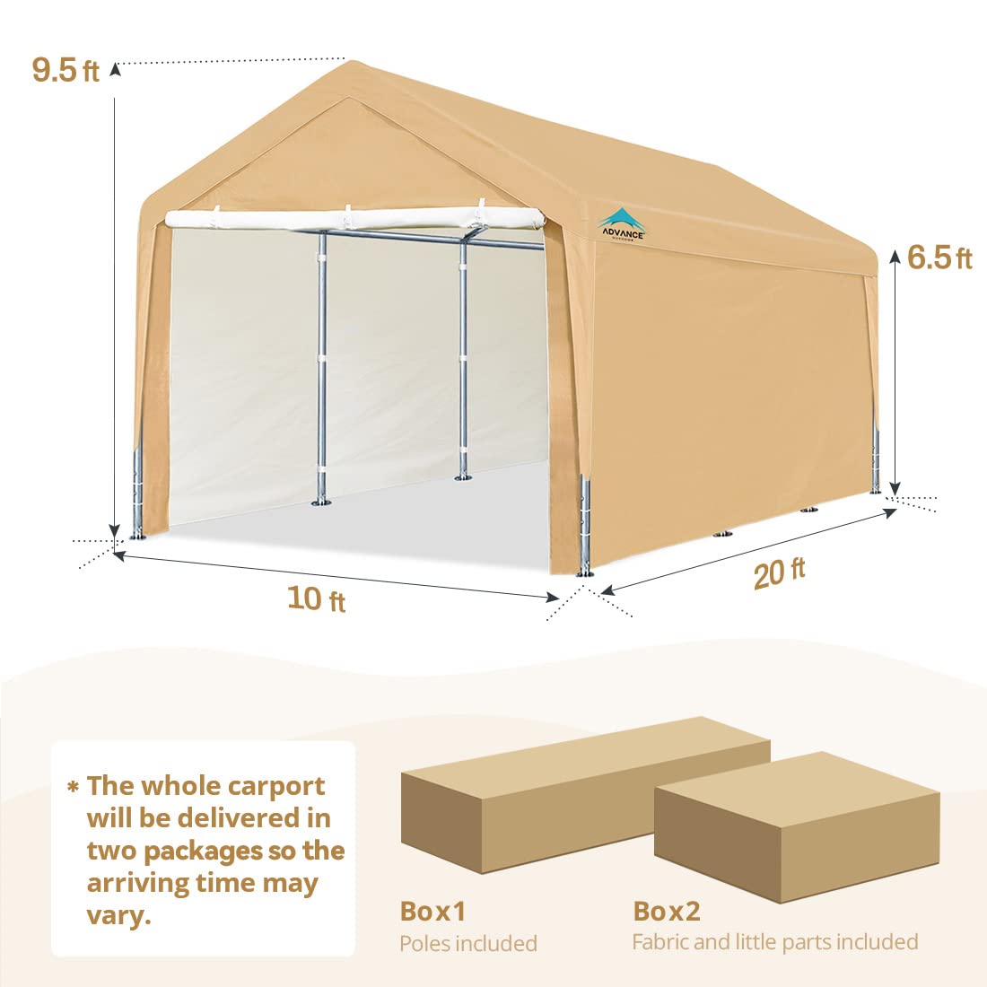 ADVANCE OUTDOOR 10x20 ft Heavy Duty Carport Car Canopy Garage Shelter Boat Party Tent Shed with Removable Sidewalls and Zipper Doors, Beige