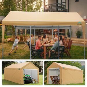 ADVANCE OUTDOOR 10x20 ft Heavy Duty Carport Car Canopy Garage Shelter Boat Party Tent Shed with Removable Sidewalls and Zipper Doors, Beige