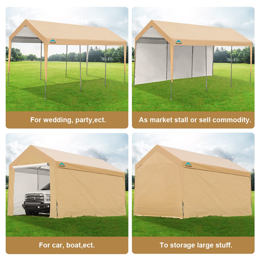 ADVANCE OUTDOOR 10x20 ft Heavy Duty Carport Car Canopy Garage Shelter Boat Party Tent Shed with Removable Sidewalls and Zipper Doors, Beige