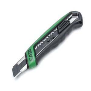 sata t-series 18mm snap blade utility knife, with a built-in blade snapper, steel blade sleeve and a green ergonomic soft grip - st93482