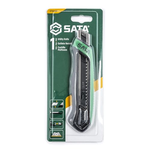 SATA T-Series 18MM Snap Blade Utility Knife, with a Built-In Blade Snapper, Steel Blade Sleeve and a Green Ergonomic Soft Grip - ST93482