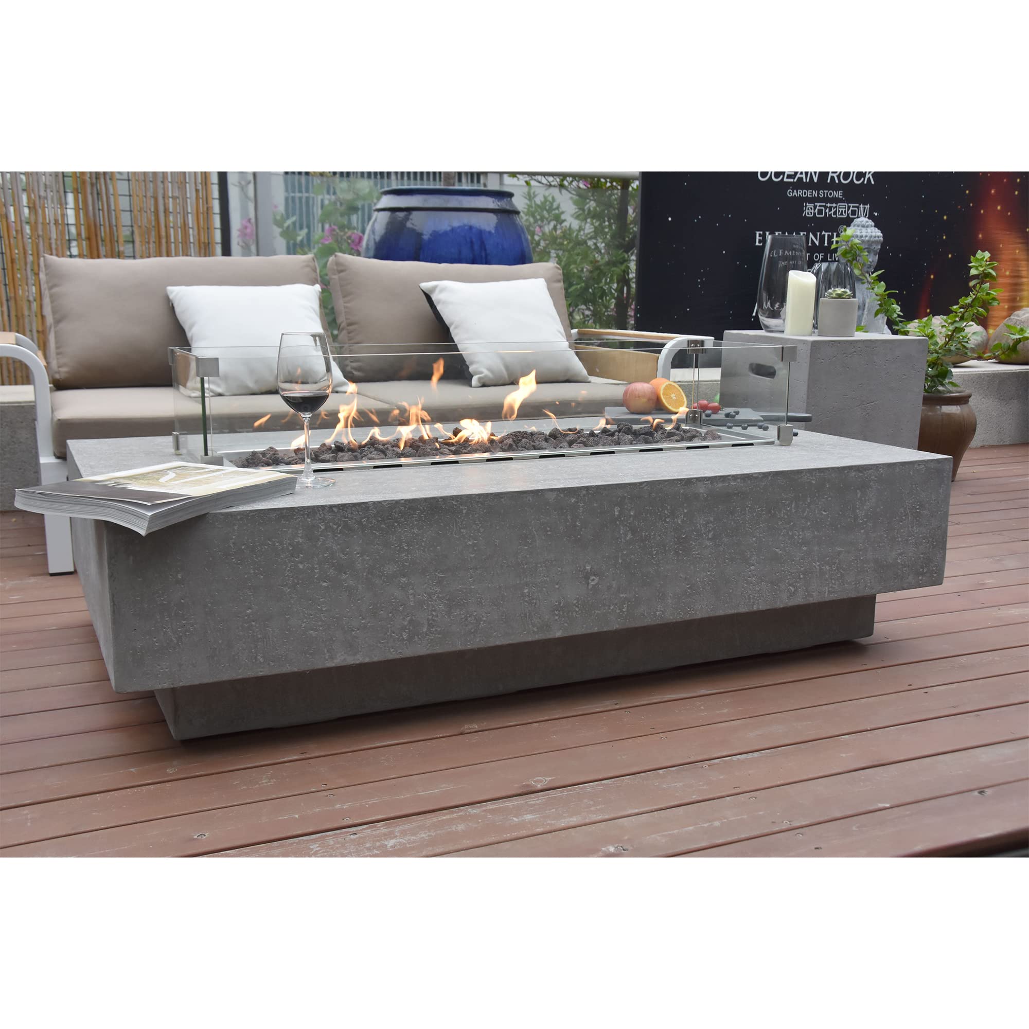 Elementi Outdoor Hampton Fire Pit Table 56 x 32 Inches Grey Durable Fire Bowl Glass Reinforced Concrete Rectangle Fire Table Natural Gas Patio Fire Place Includes Burner and Lava Rock