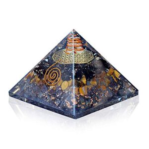 orgonite crystal triple protection orgone pyramid with black tourmaline, tiger eye and hematite crystals – flower of life pyramid dispels negative energy to promote luck and prosperity