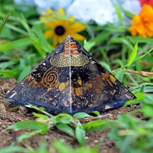 Orgonite Crystal Triple Protection Orgone Pyramid with Black Tourmaline, Tiger Eye and Hematite Crystals – Flower of Life Pyramid Dispels Negative Energy to Promote Luck and Prosperity