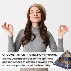 Orgonite Crystal Triple Protection Orgone Pyramid with Black Tourmaline, Tiger Eye and Hematite Crystals – Flower of Life Pyramid Dispels Negative Energy to Promote Luck and Prosperity