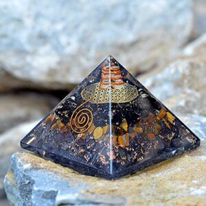 Orgonite Crystal Triple Protection Orgone Pyramid with Black Tourmaline, Tiger Eye and Hematite Crystals – Flower of Life Pyramid Dispels Negative Energy to Promote Luck and Prosperity