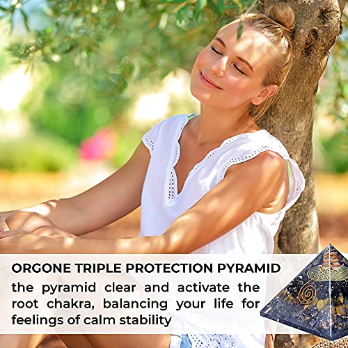 Orgonite Crystal Triple Protection Orgone Pyramid with Black Tourmaline, Tiger Eye and Hematite Crystals – Flower of Life Pyramid Dispels Negative Energy to Promote Luck and Prosperity