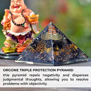 Orgonite Crystal Triple Protection Orgone Pyramid with Black Tourmaline, Tiger Eye and Hematite Crystals – Flower of Life Pyramid Dispels Negative Energy to Promote Luck and Prosperity