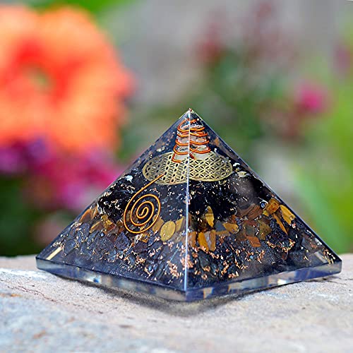 Orgonite Crystal Triple Protection Orgone Pyramid with Black Tourmaline, Tiger Eye and Hematite Crystals – Flower of Life Pyramid Dispels Negative Energy to Promote Luck and Prosperity