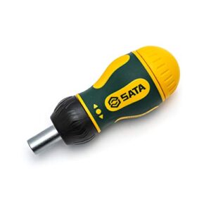 sata 6-piece stubby ratcheting screwdriver set with three ratcheting settings and a green and yellow storage handle - st09348