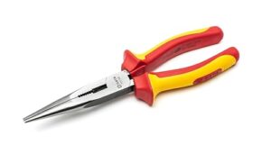 sata 8-inch vde insulated long needle-nose side cutting pliers with chrome vanadium steel body and dual material anti-slip handles - st70132st