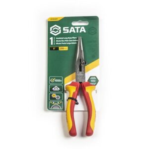 SATA 8-Inch VDE Insulated Long Needle-Nose Side Cutting Pliers with Chrome Vanadium Steel Body and Dual Material Anti-Slip Handles - ST70132ST