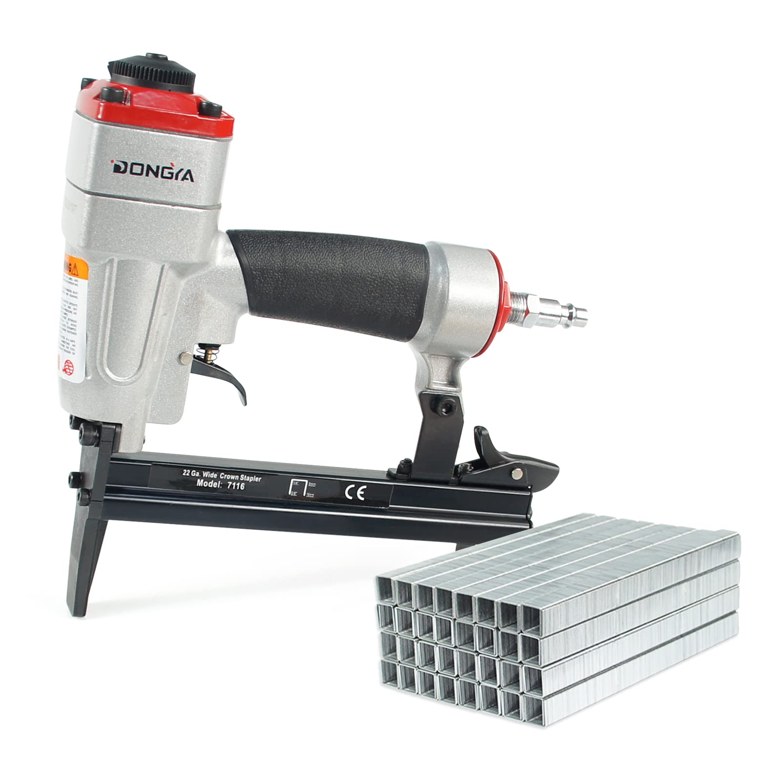 Dongya 7116L Pneumatic Upholstery Stapler with 10,000 PCS Staples, 22 Gauge 1/4'' to 5/8'' Length, 3/8'' Crown Long Nose Staple Gun, Air Power Fine Wire Stapler for Upholstering & Furniture