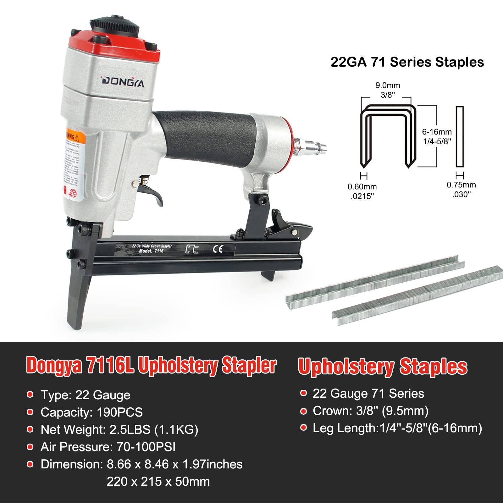 Dongya 7116L Pneumatic Upholstery Stapler with 10,000 PCS Staples, 22 Gauge 1/4'' to 5/8'' Length, 3/8'' Crown Long Nose Staple Gun, Air Power Fine Wire Stapler for Upholstering & Furniture