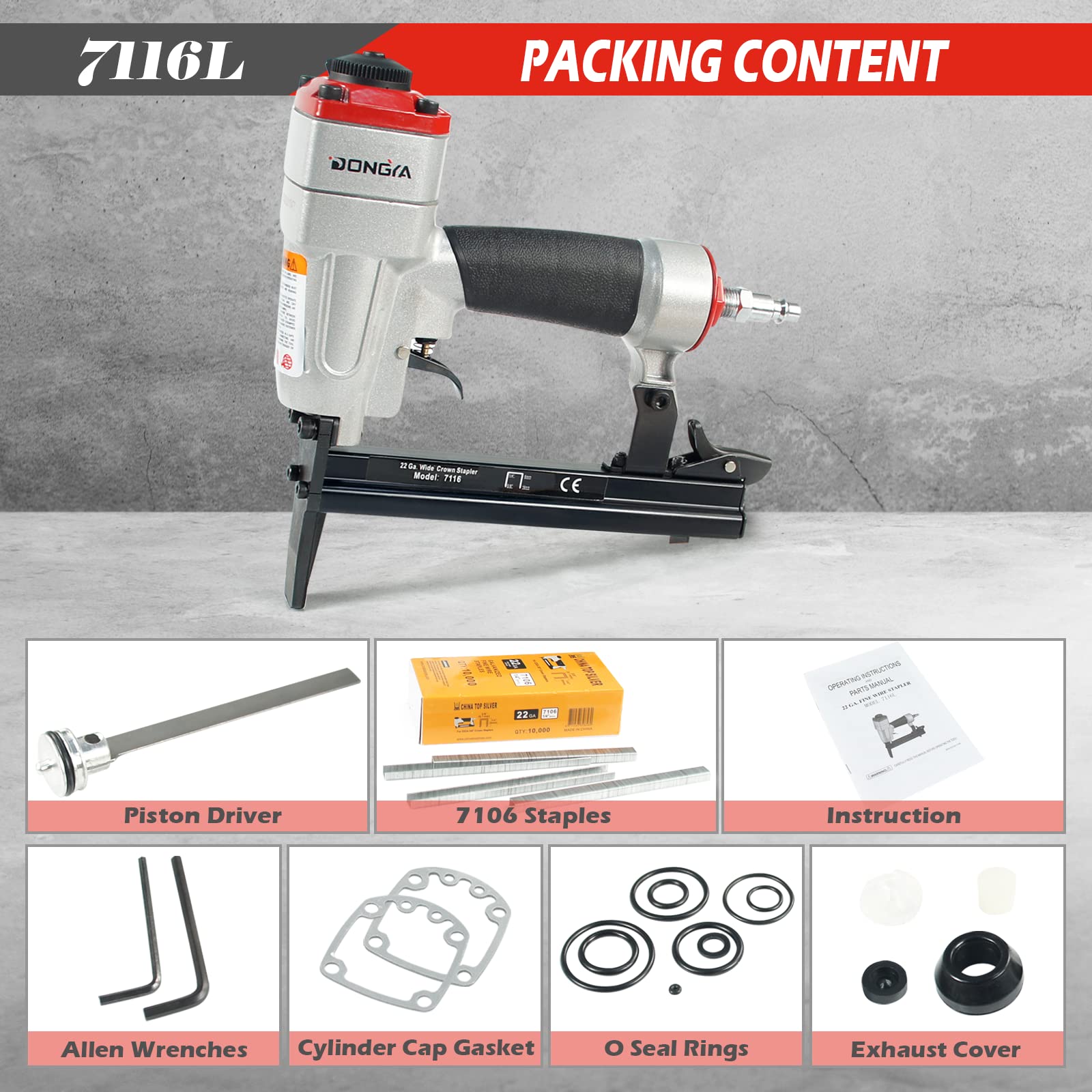 Dongya 7116L Pneumatic Upholstery Stapler with 10,000 PCS Staples, 22 Gauge 1/4'' to 5/8'' Length, 3/8'' Crown Long Nose Staple Gun, Air Power Fine Wire Stapler for Upholstering & Furniture