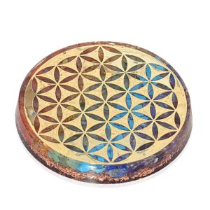 orgonite crystal water charging plate –chakra balancing coaster and positive energy generator flower of life and with 7 healing crystals for e energy protection(4 inch diameter)