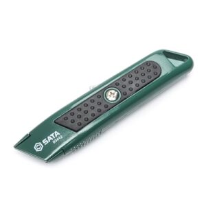 sata self-retracting utility knife and 5 blades, with quick blade replacement and blade storage in the green nonslip handle - st93442sc