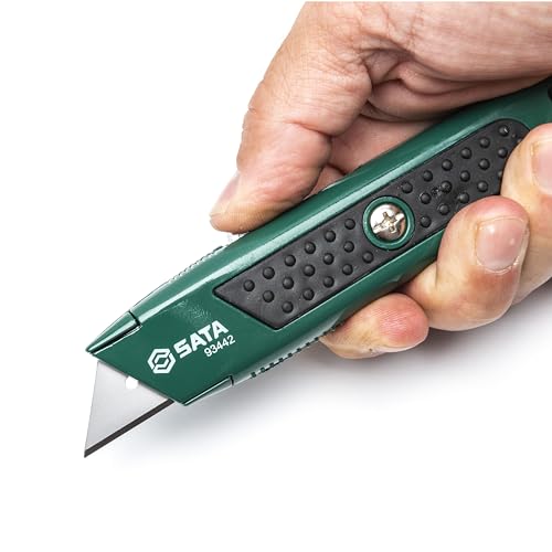 SATA Self-Retracting Utility Knife and 5 Blades, with Quick Blade Replacement and Blade Storage in the Green Nonslip Handle - ST93442SC