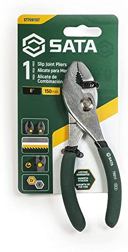 SATA 6-Inch Slip-Joint Pliers, Chrome Vanadium Steel Body, with Green Handles and Rivet Joint Assembly - ST70511ST