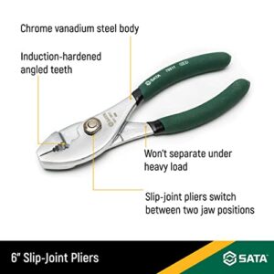 SATA 6-Inch Slip-Joint Pliers, Chrome Vanadium Steel Body, with Green Handles and Rivet Joint Assembly - ST70511ST