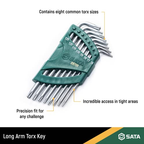 Sata 8-Piece Tamperproof Long Arm Torx Key Set with Precision-Formed Chamfered Tips, held in an Impact-Resistant Carrying Caddy - ST09701