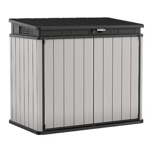 keter premier xl outdoor all weather deck backyard patio garden shed container with lid, light grey