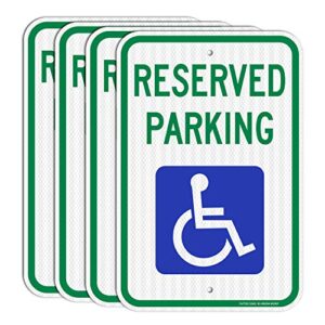 reserved parking signs (4 pack), handicap parking sign, with picture of wheelchair sign, 18 x 12 engineer grade reflective sheeting rust free aluminum, weather resistant, waterproof, durable ink