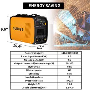 SUNCOO TIG Welder, 200 Amp TIG&MMA/STICK/ARC Welding Machine Inverter DC TIG-200CP HF 110/220V Dual Voltage with LED Digital Display, Brush, Yellow