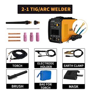 SUNCOO TIG Welder, 200 Amp TIG&MMA/STICK/ARC Welding Machine Inverter DC TIG-200CP HF 110/220V Dual Voltage with LED Digital Display, Brush, Yellow