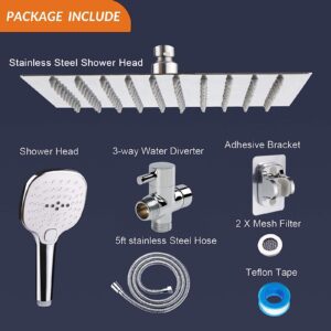 Shower Head with Hose, High Pressure Stainless Steel 8 Inch Rain Showerhead and 3 Settings Handheld Shower Spray Combo with Push Button Flow Control(NearMoon Square Shower Head Set) (Chrome Finish)