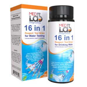 16 in 1 drinking water test kit strips, 100 cnt. home water quality test for tap water, pool, spa. strips for water hardness, total chlorine, mercury, lead, aluminum, fluoride, iron, ph and more