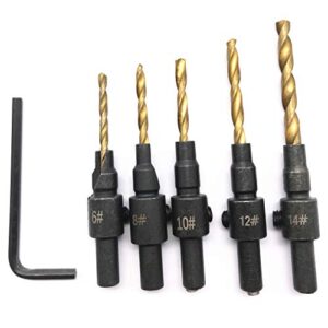 titanium coated wood countersink drill bit set, 1/4” round shank, 6#8#10#12#14 hss for screw pilot hole drilling, 5pcs