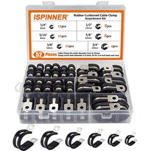 ispinner 52pcs cable clamps assortment kit, 304 stainless steel rubber cushion pipe clamps in 6 sizes 1/4" 5/16" 3/8" 1/2" 5/8" 3/4"