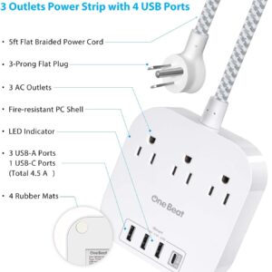 Power Strip with USB C, 3 Outlets 4 USB Ports (22.5W/4.5A) Desktop Charging Station, Flat Plug, 5ft Braided Extension Cord, Non Surge Protector for Travel, Cruise Ship, ETL Listed