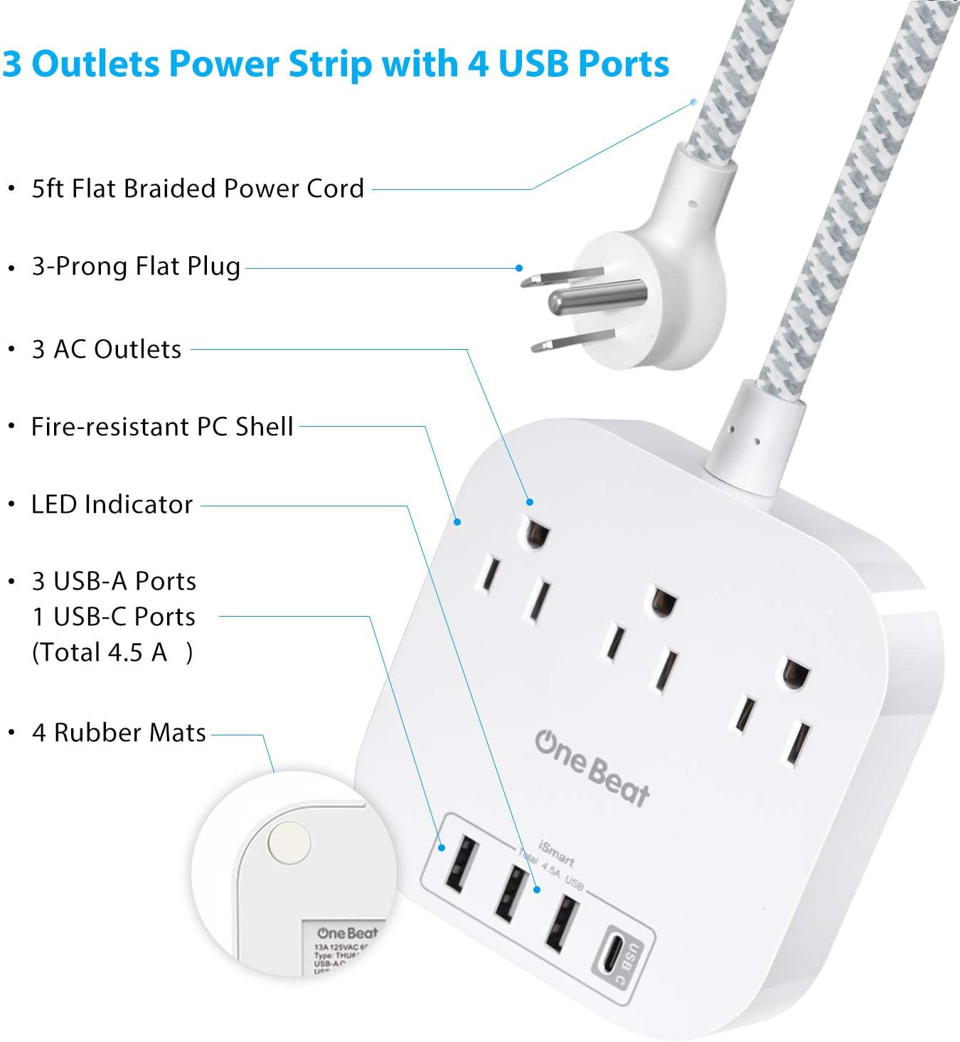 Power Strip with USB C, 3 Outlets 4 USB Ports (22.5W/4.5A) Desktop Charging Station, Flat Plug, 5ft Braided Extension Cord, Non Surge Protector for Travel, Cruise Ship, ETL Listed