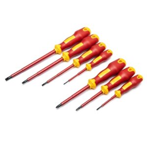 sata 7-piece vde insulated electricians screwdriver set with red and yellowhandles and a2 steel blades tested to 10,000 volts - st09303