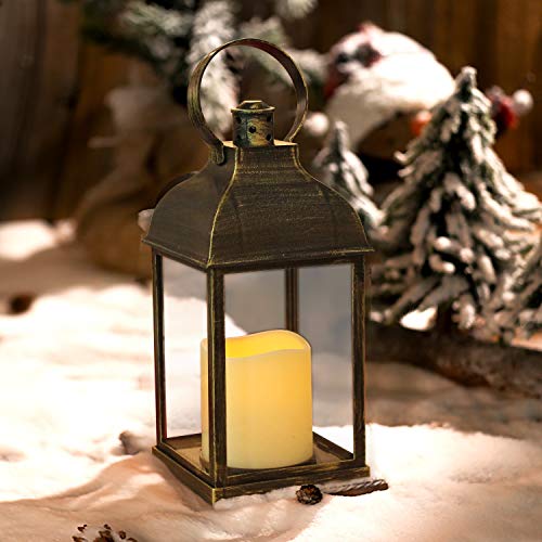 Decorative Candle Lanterns Flameless Battery-Operated with Timer Function, Christmas Gifts, Holiday Lights,10'' Indoor Outdoor Waterproof Hanging Lantern Decor for Wedding(Bronze, 1