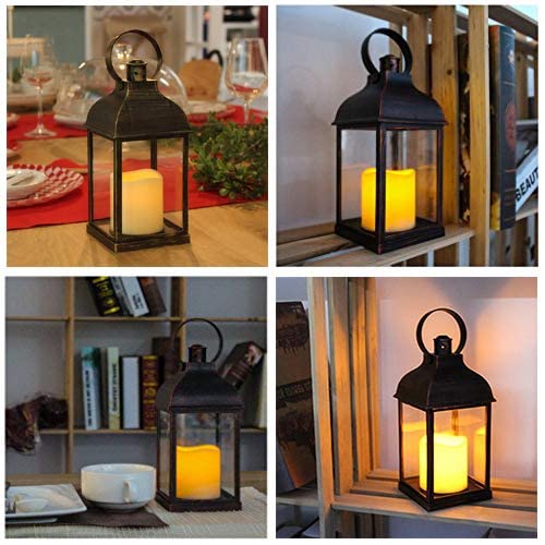 Decorative Candle Lanterns Flameless Battery-Operated with Timer Function, Christmas Gifts, Holiday Lights,10'' Indoor Outdoor Waterproof Hanging Lantern Decor for Wedding(Bronze, 1