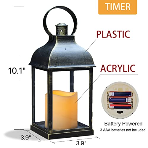 Decorative Candle Lanterns Flameless Battery-Operated with Timer Function, Christmas Gifts, Holiday Lights,10'' Indoor Outdoor Waterproof Hanging Lantern Decor for Wedding(Bronze, 1