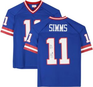 phil simms new york giants autographed mitchell & ness blue replica jersey with "sb xxi mvp" inscription - autographed nfl jerseys