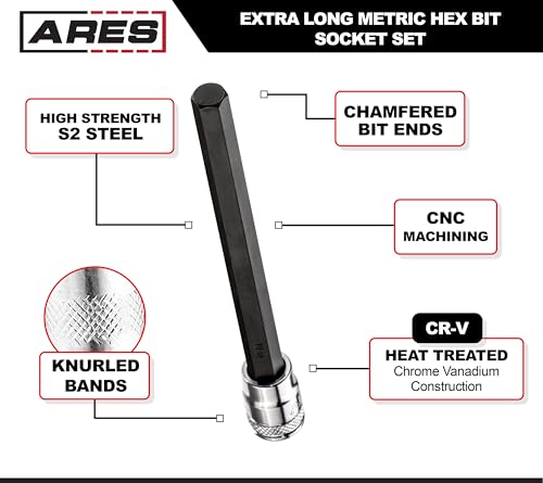 ARES 39007 - Extra Long Metric Hex Bit Socket Set - S2 Bit Provides Greater Torque - Convenient Storage Rail Included - Heat Treated Chrome Vanadium Steel Sockets