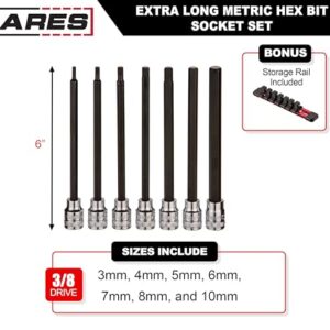 ARES 39007 - Extra Long Metric Hex Bit Socket Set - S2 Bit Provides Greater Torque - Convenient Storage Rail Included - Heat Treated Chrome Vanadium Steel Sockets