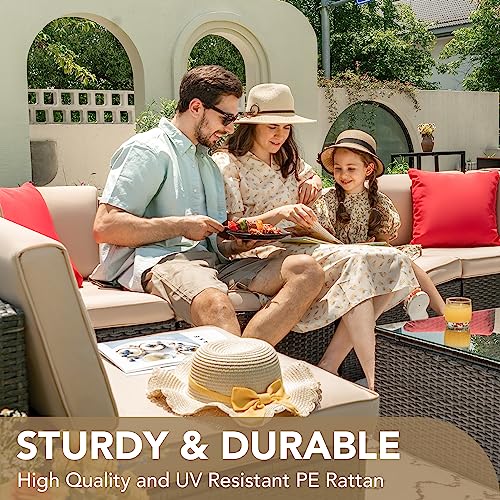 Devoko Patio Furniture Sets 6 Pieces Outdoor Sectional Rattan Sofa Manual Weaving Wicker Patio Conversation Set with Glass Table and Cushion (Beige)