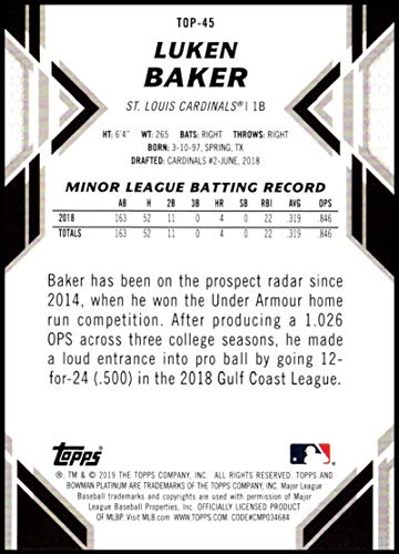 2019 Bowman Platinum Top Prospects Baseball #TOP-45 Luken Baker St. Louis Cardinals Official Retail Exclusive Trading Card From Topps in Raw (NM or Better) Condition