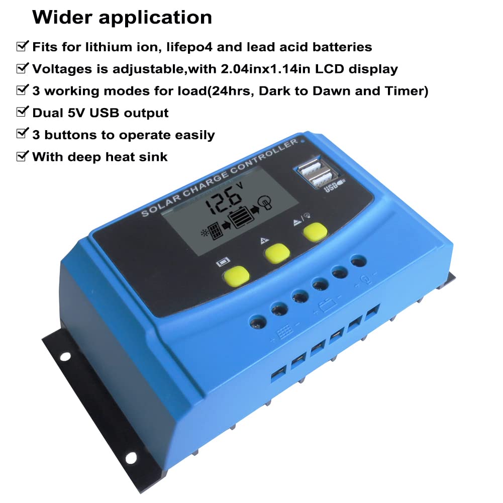 HUINE 40A LCD Display Solar Charge Controller 3S 6S Lithium ion 4S 8S Lifepo4 Lead Acid Battery Charging Regulator Parameter Adjustable with Dual 5V USB