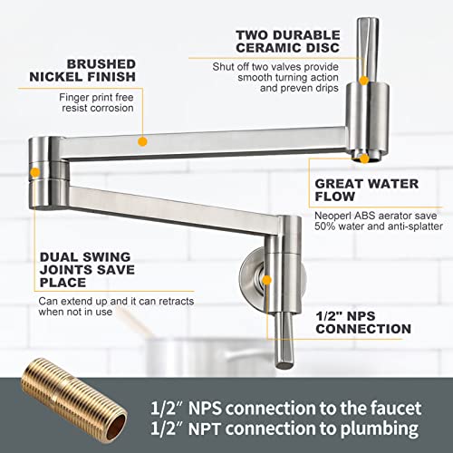 WOWOW Brass Pot Filler Faucet Kitchen Sink Pot Filler Faucets Wall Mount Folding Faucet Stretchable Double Joint Swing Arm Faucet (Brushed Nickel)