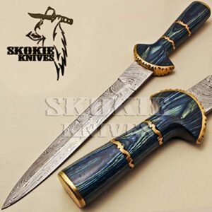 skokie knives handmade damascus steel dagger knife - steel handle pakka wood and brass spacer